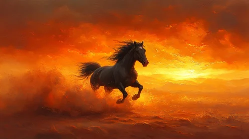 Galloping Horse in Fiery Sunset