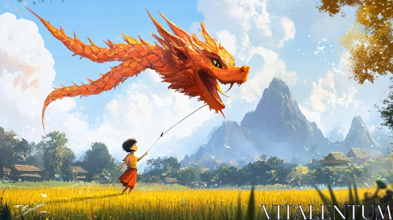 Orange Dragon Kite Over Golden Field AI Image