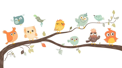 Whimsical Owls Illustration on Branch