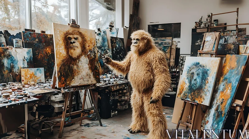 Bigfoot in Art Studio Painting Itself AI Image