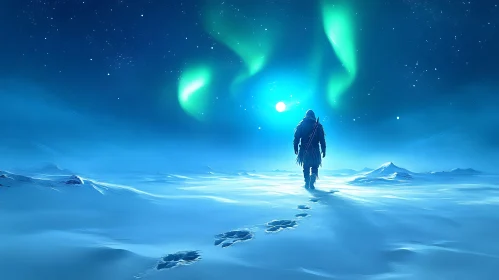 Lone Traveler Under Aurora's Glow