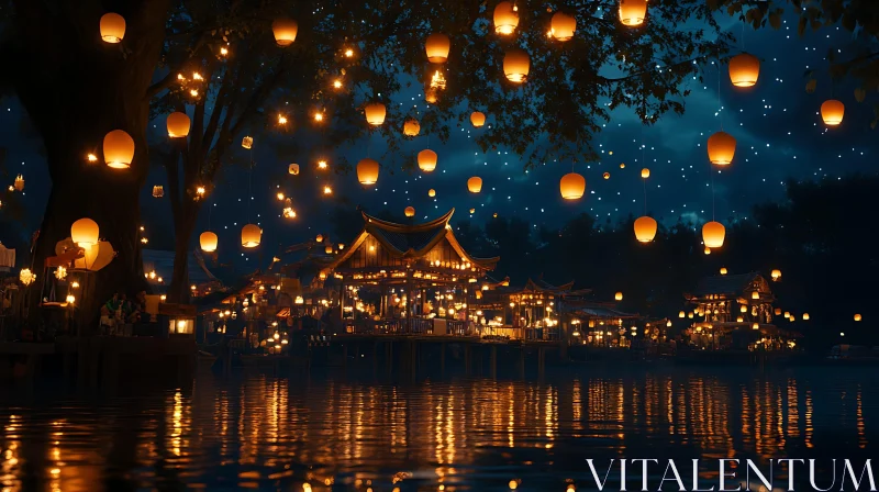 Lanterns Reflecting on Water at Night AI Image