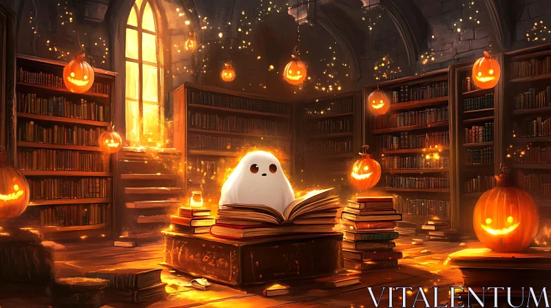 AI ART Halloween Ghost Reading in Library