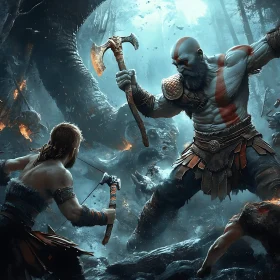 Warriors Facing Monster in Misty Forest