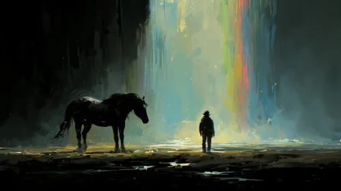 Enigmatic Painting: Lone Cowboy in a Canyon Under a Rainbow