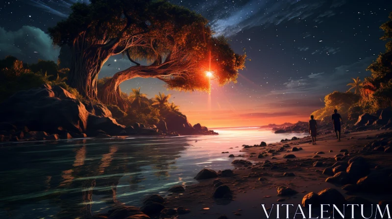 Fantasy-Inspired Sunset Landscape with Trees and Ocean AI Image
