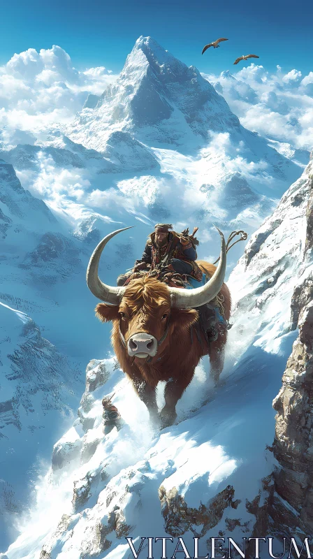 Man Riding Bull on Snowy Mountain AI Image