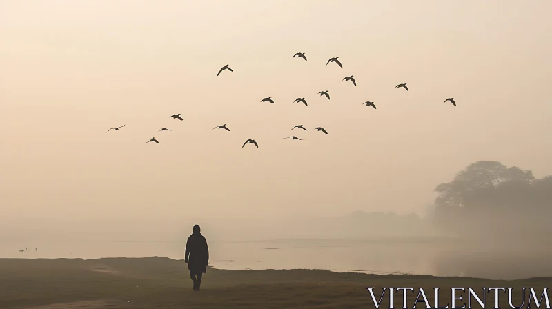 Figure by Lake with Birds in Flight AI Image