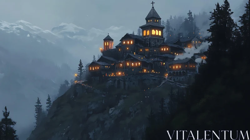 Illuminated Village on Mountain Peak AI Image