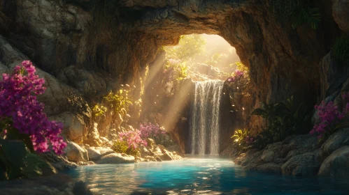 Sunlit Waterfall in Lush Cave