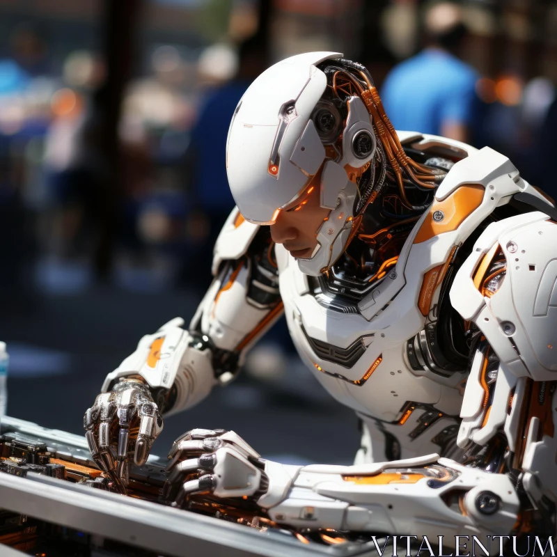 Futuristic Humanoid Robot at Work - A Study in Silver and Orange AI Image
