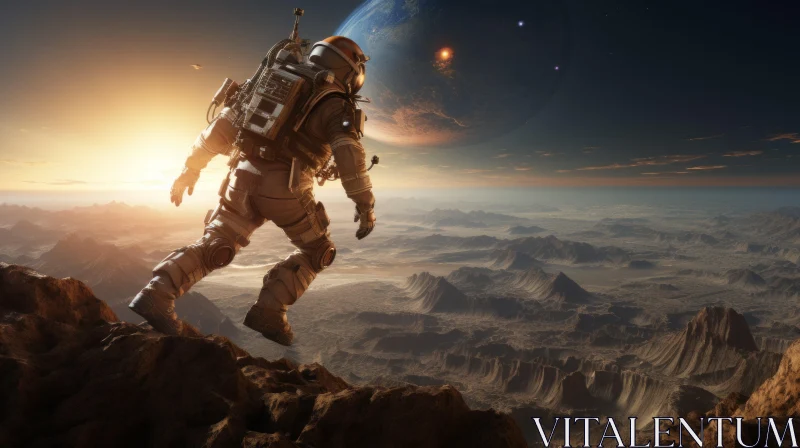 Post-Apocalyptic Scene with Astronaut on Mountain Near Sun AI Image