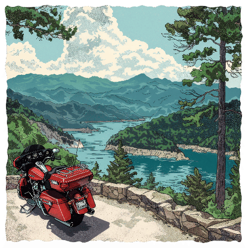 Red and Black Motorcycle Overlooking Mountain Lake POD Design