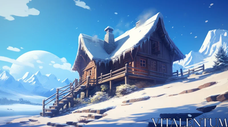 Snowy Mountain Landscape with Quaint Cabin in Cartoon Style AI Image