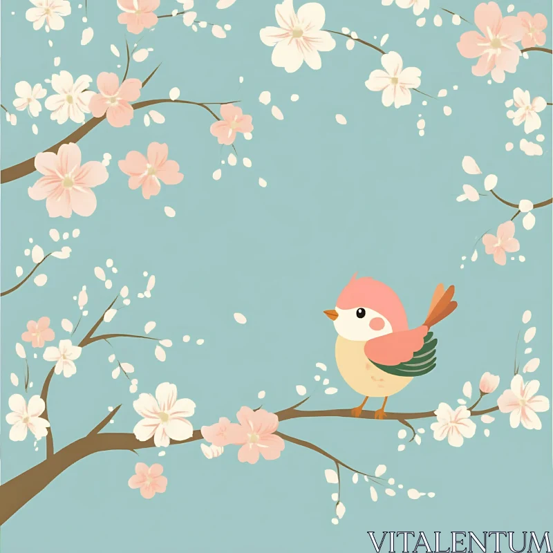 AI ART Bird on Flowering Branch