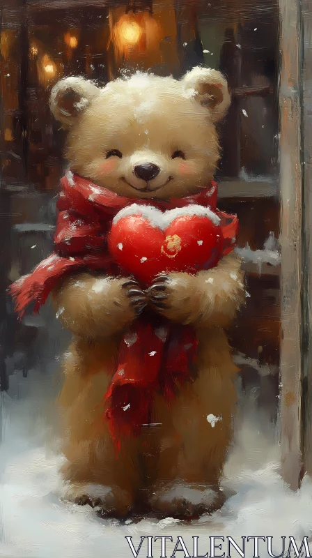 AI ART Endearing Winter Bear with Red Heart