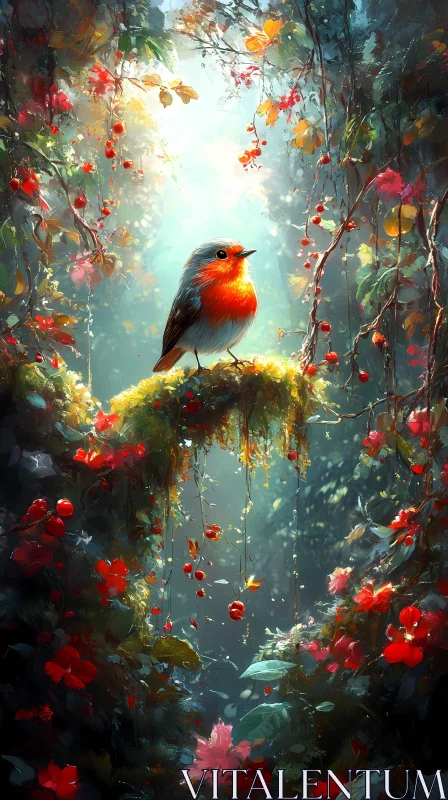 Bird on Moss in Sunlit Forest AI Image