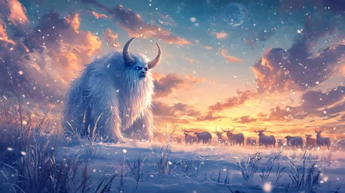 Winter Landscape with Yeti and Deer