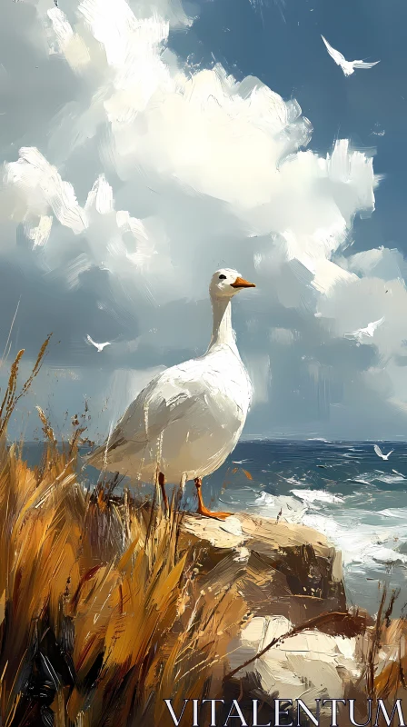 Seagull Perched on Ocean Cliff AI Image