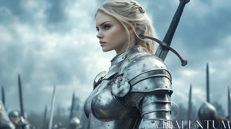 AI ART Armored Woman with Sword on Battlefield