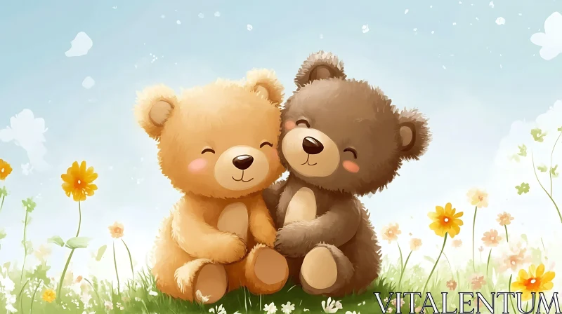 Watercolor Teddy Bears Hugging in Flowers AI Image