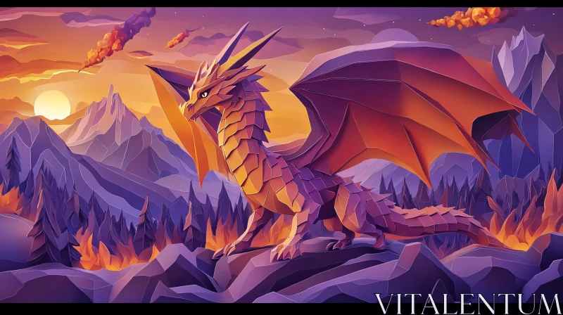 AI ART Dragon in Geometric Sunset Landscape