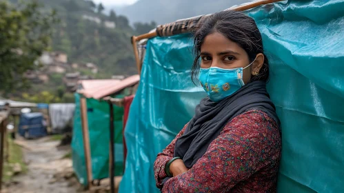 Woman in Mask Amidst Village Backdrop