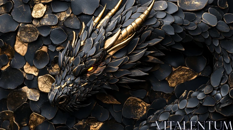 Black and Gold Dragon Close-up AI Image