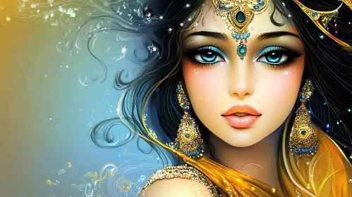 Beautiful Woman with Blue Eyes and Gold