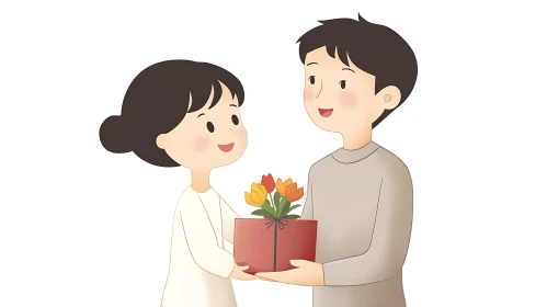 Couple Exchanging Gift Cartoon Illustration