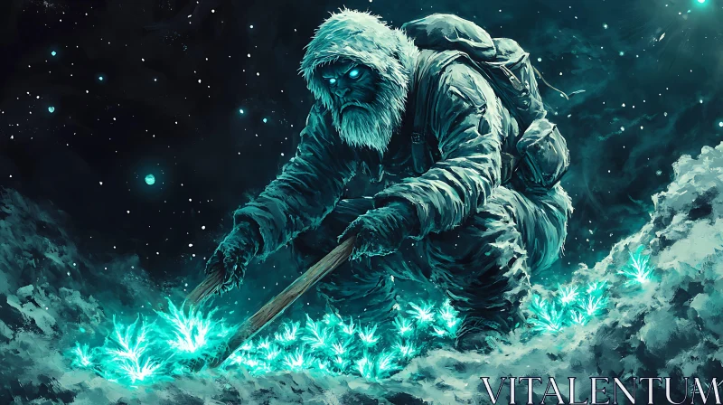 Yeti Cultivating Luminescent Plants AI Image