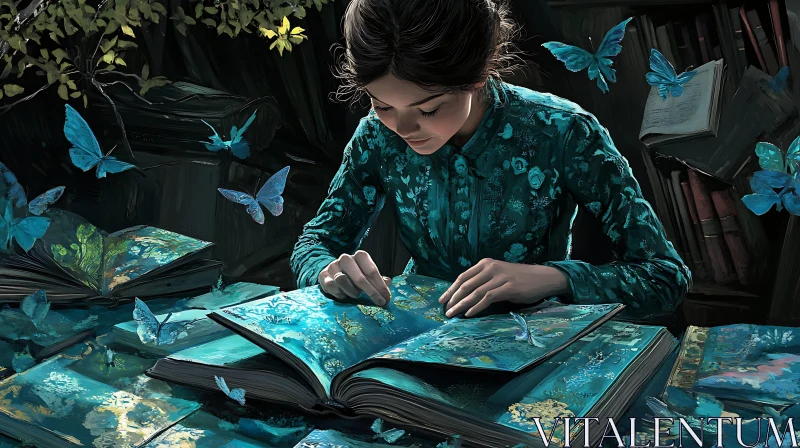 AI ART Woman Reading Book with Butterflies