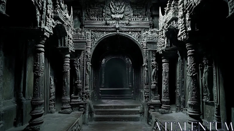 Ornate Carvings in Ancient Temple Corridor AI Image