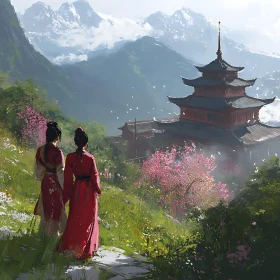 Women in Red Robes by Pagoda