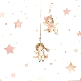 Dreamy Childhood Scene with Swinging Girls