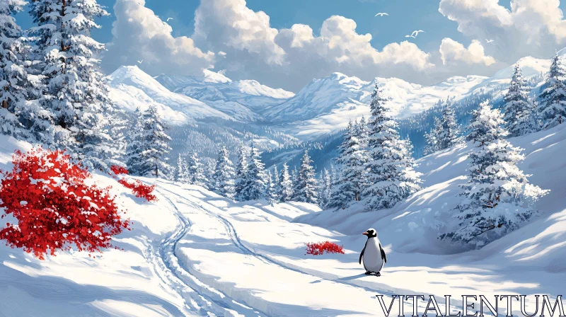 Winter Wonderland with Penguin and Red Flora AI Image