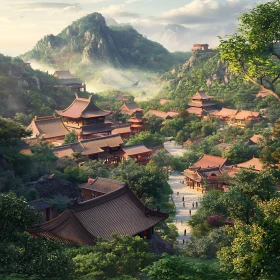 Tranquil Asian Buildings in Green Mountains