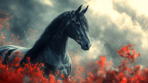 Ethereal Horse Amidst Crimson Blossoms