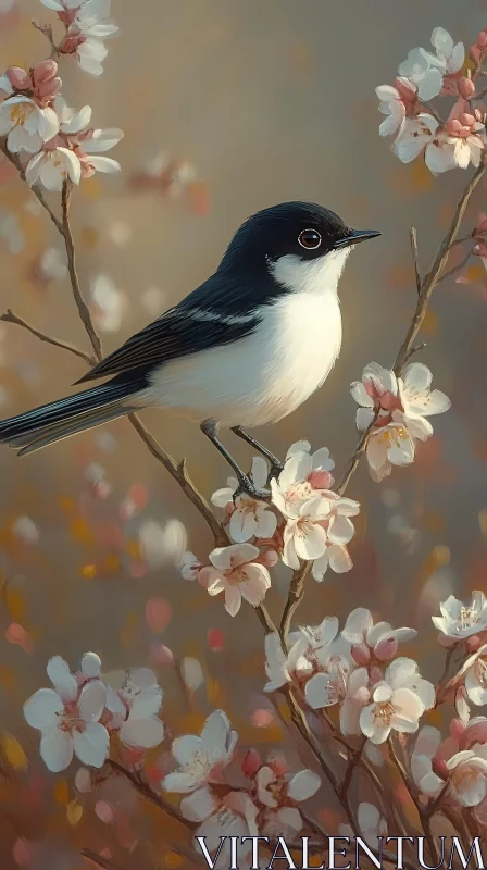 Serene Bird on Flowered Branch AI Image