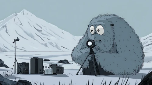 Cartoon Yeti Taking Pictures in the Snow