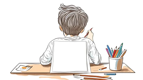 Boy Drawing with Pencils on White Paper