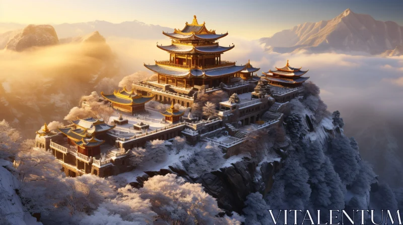 Snowy Mountain Temple at Golden Hour AI Image