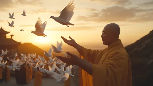 Serene Monk and Doves at Dusk