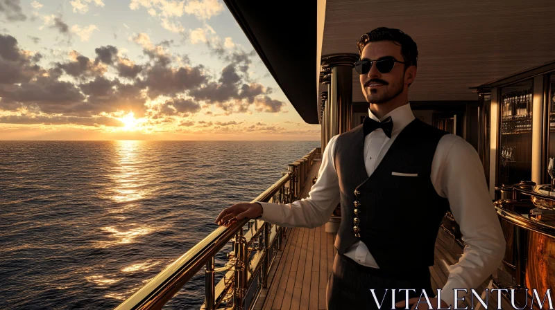 Sophisticated Man on Yacht with Sunset View AI Image