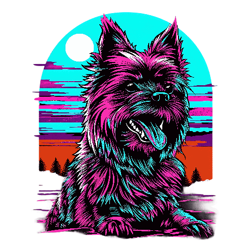 Cartoon Dog in Neon Colors with Moon and Mountains