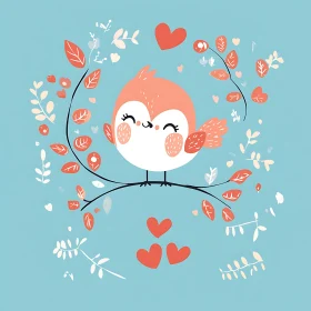 Cartoon Bird on Branch with Hearts