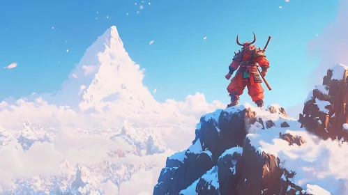 Red Armored Warrior on Mountain Top