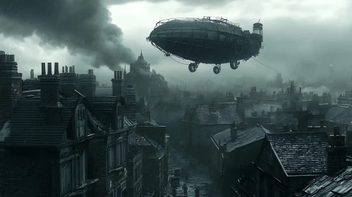 Steampunk Airship in Rain-Soaked City