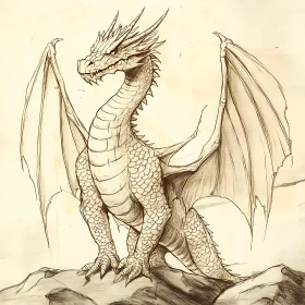 Dragon on Rocks Sketch Illustration