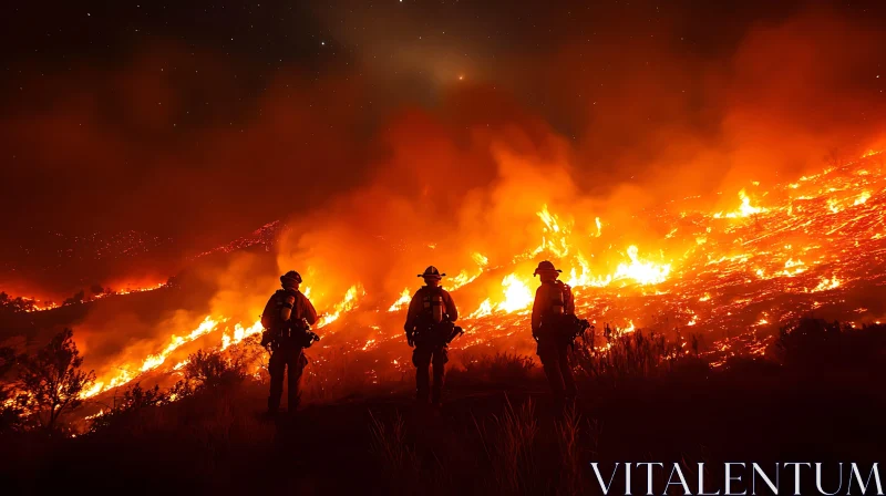 Nighttime Wildfire Combat by Firefighters AI Image